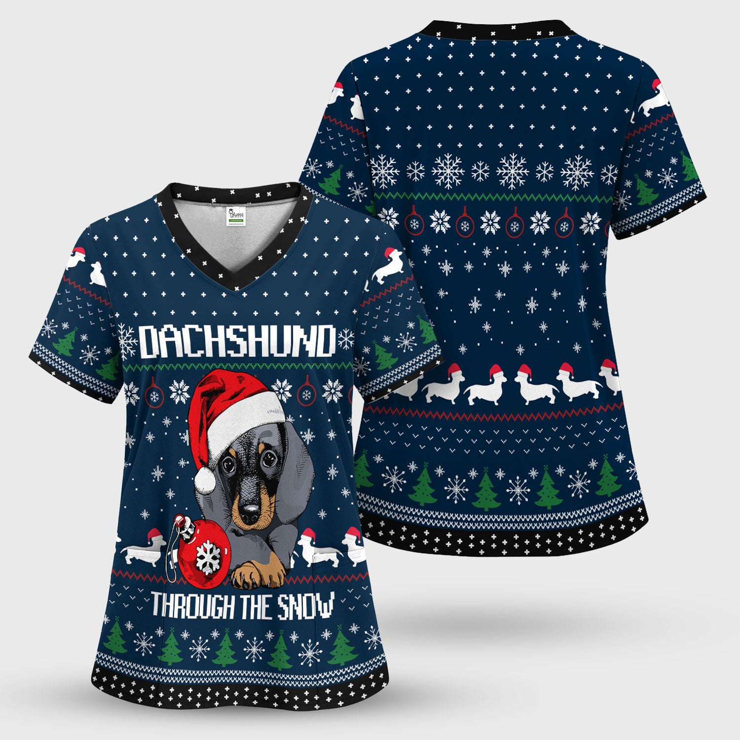 Dachshund Christmas Scrub Top - Funny Sausage Dog Nurse Shirt - Cute Holiday Scrubs for Women RN LPN CNA Gift