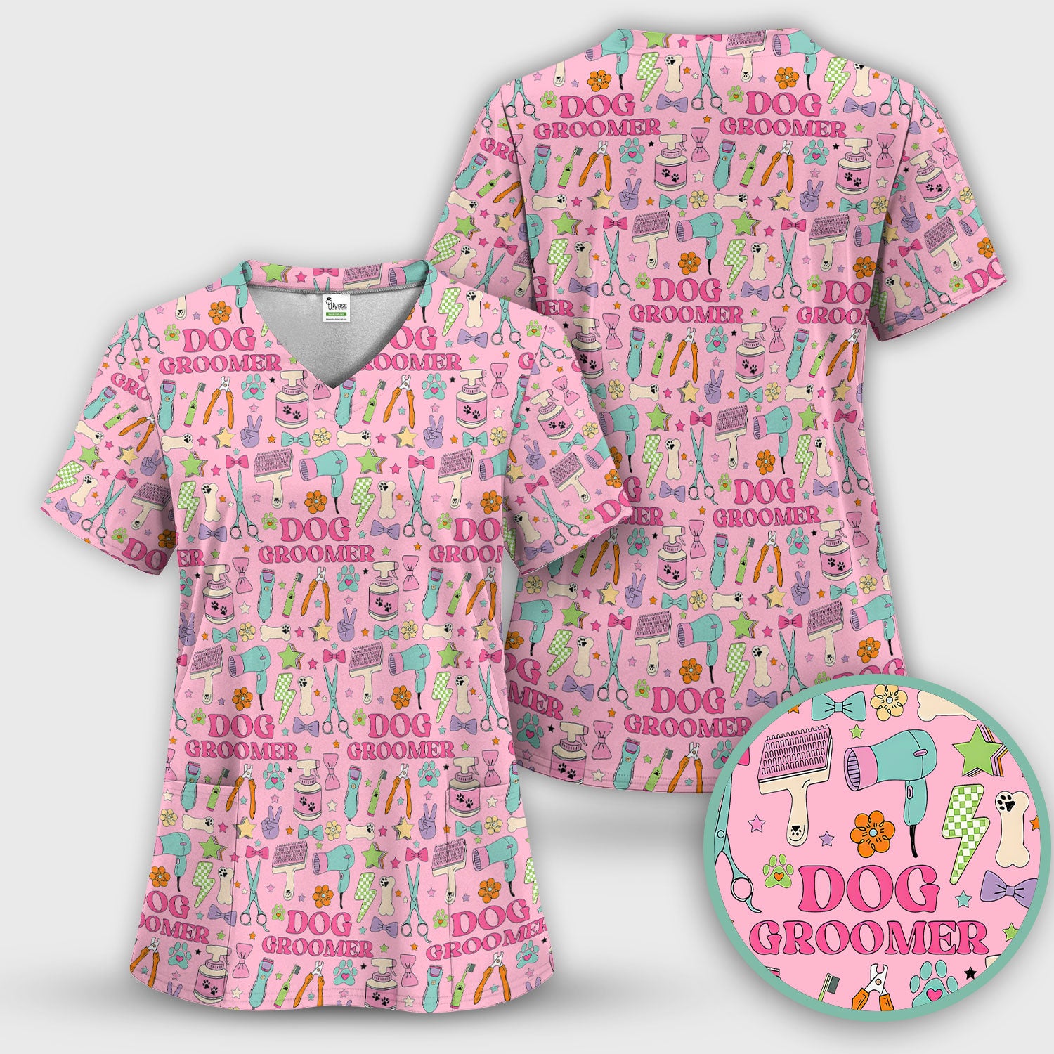 Dog Groomer Tools Pattern Nursing Scrub Top, Comfortable Scrubs for Nurses