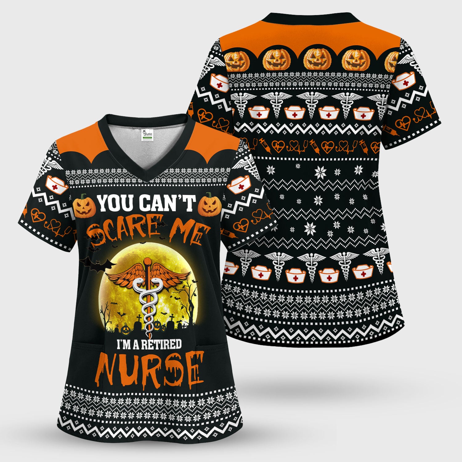 Funny Halloween Retired Nurse Scrub Top - You Can’t Scare Me Shirt - Spooky Pumpkin Medical Uniform Gift for RN LPN CNA