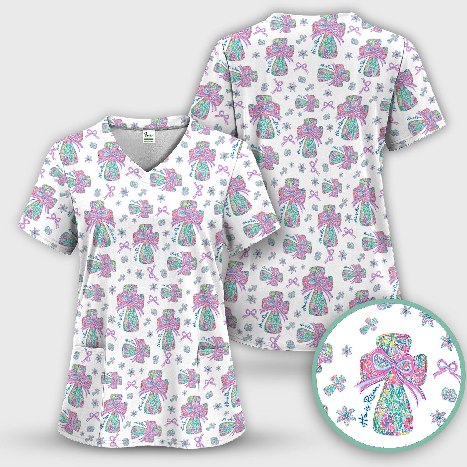 Colorful Bow Pattern Scrub Top, Breathable Fabrics Nursing Uniform