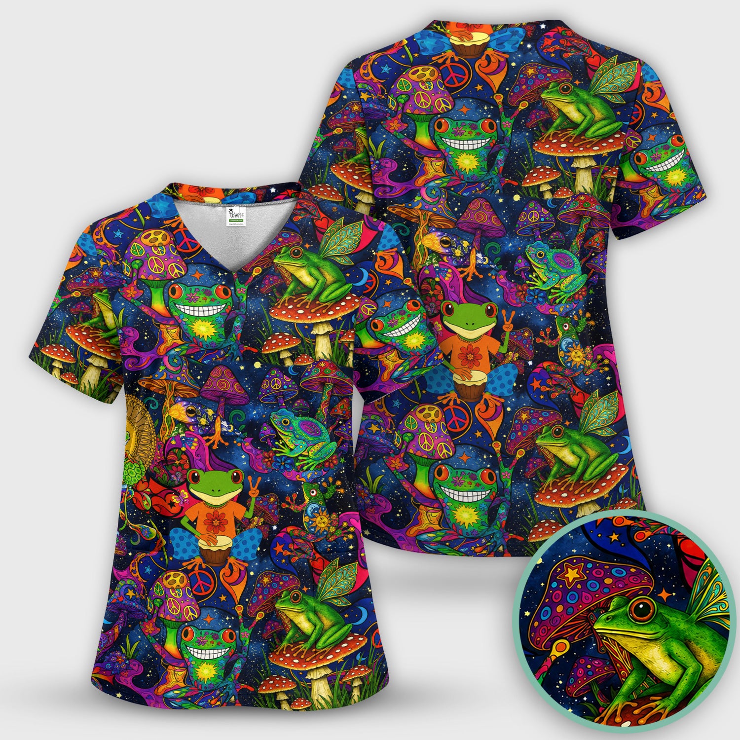 Psychedelic Frog with Mushroom Peace Print Scrub Top, Comfortable Scrubs for Nurses