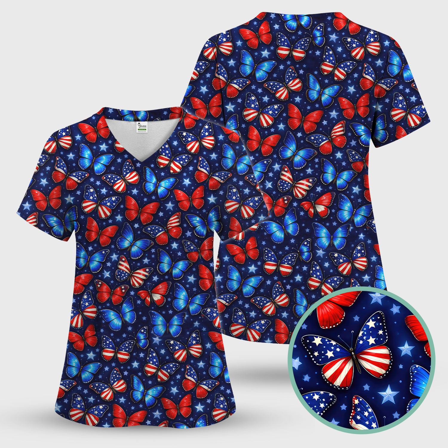 Patriotic Butterfly Stars Pattern Scrubs Top, Comfortable Scrubs for Nurses