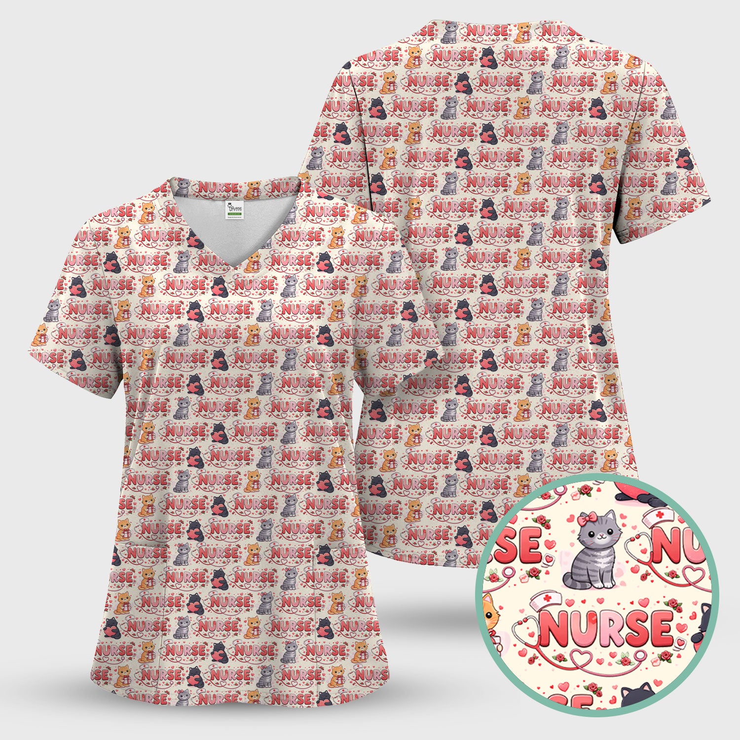 Nurse Cat Heart Pattern Valentine Scrub Set, Women's Scrub Sets V Neck Top