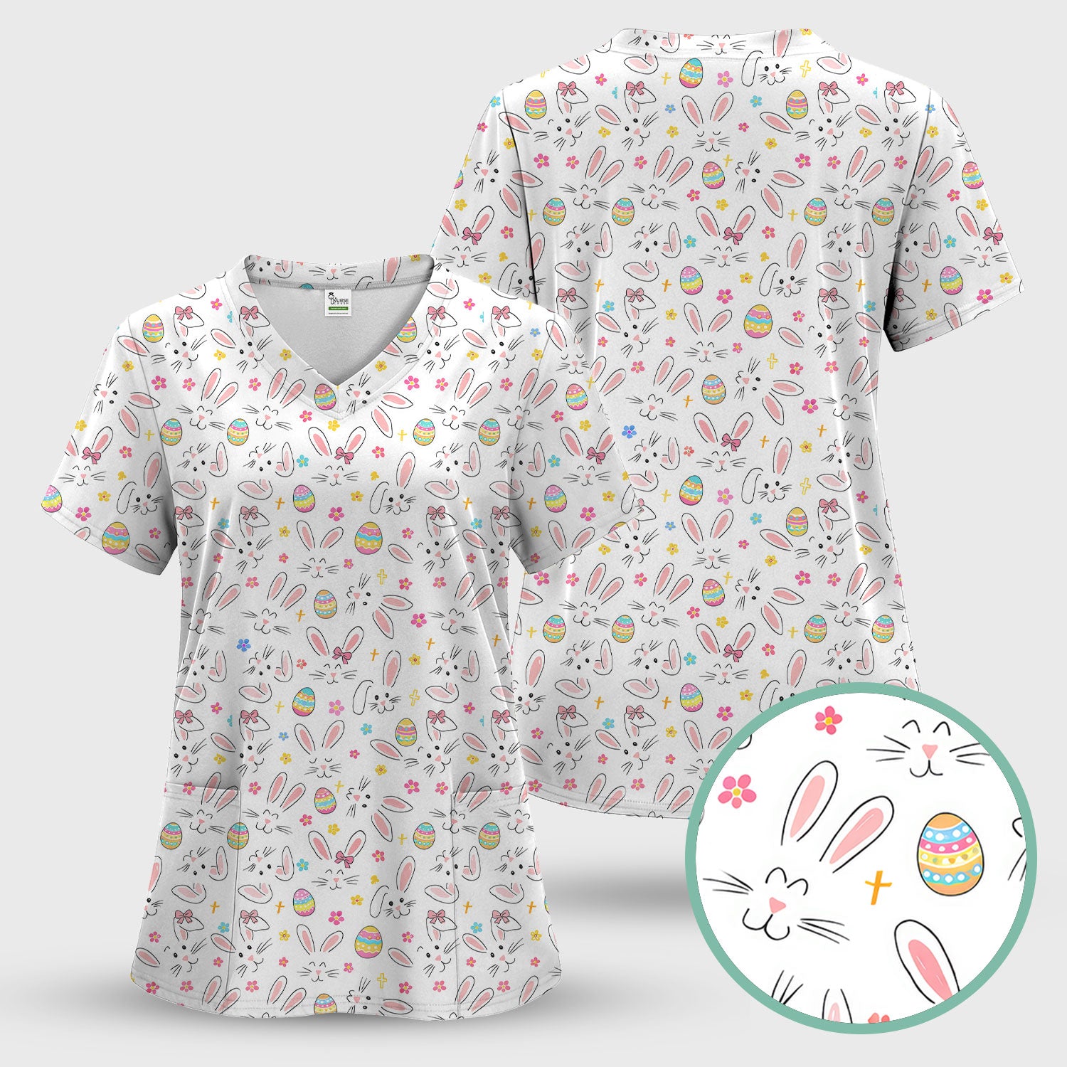 Easter Bunny Faces And Pastel Egg Print Scrub Top, Comfortable Scrubs for Nurses