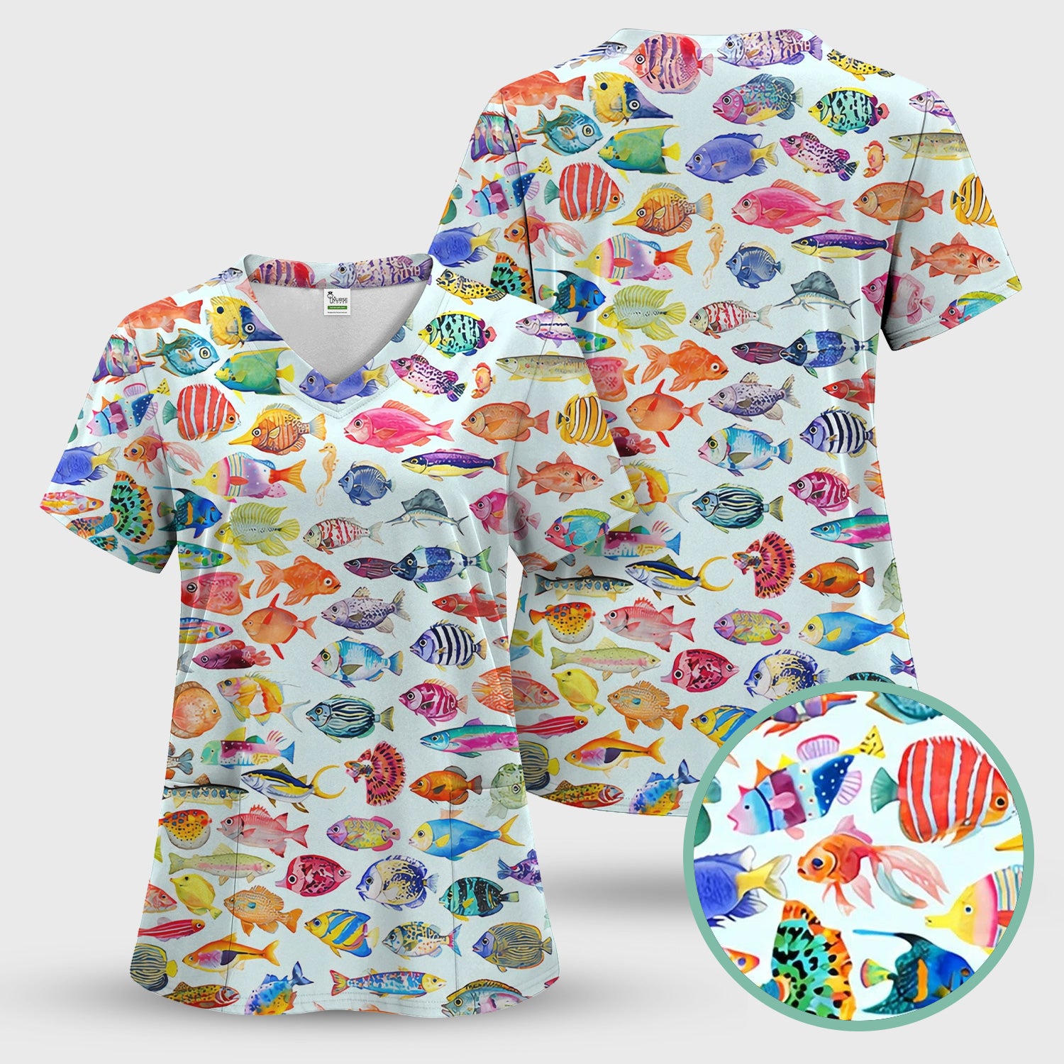 Colorful Tropical Fish Print Scrub Set, Scrub Pants and V Neck Top