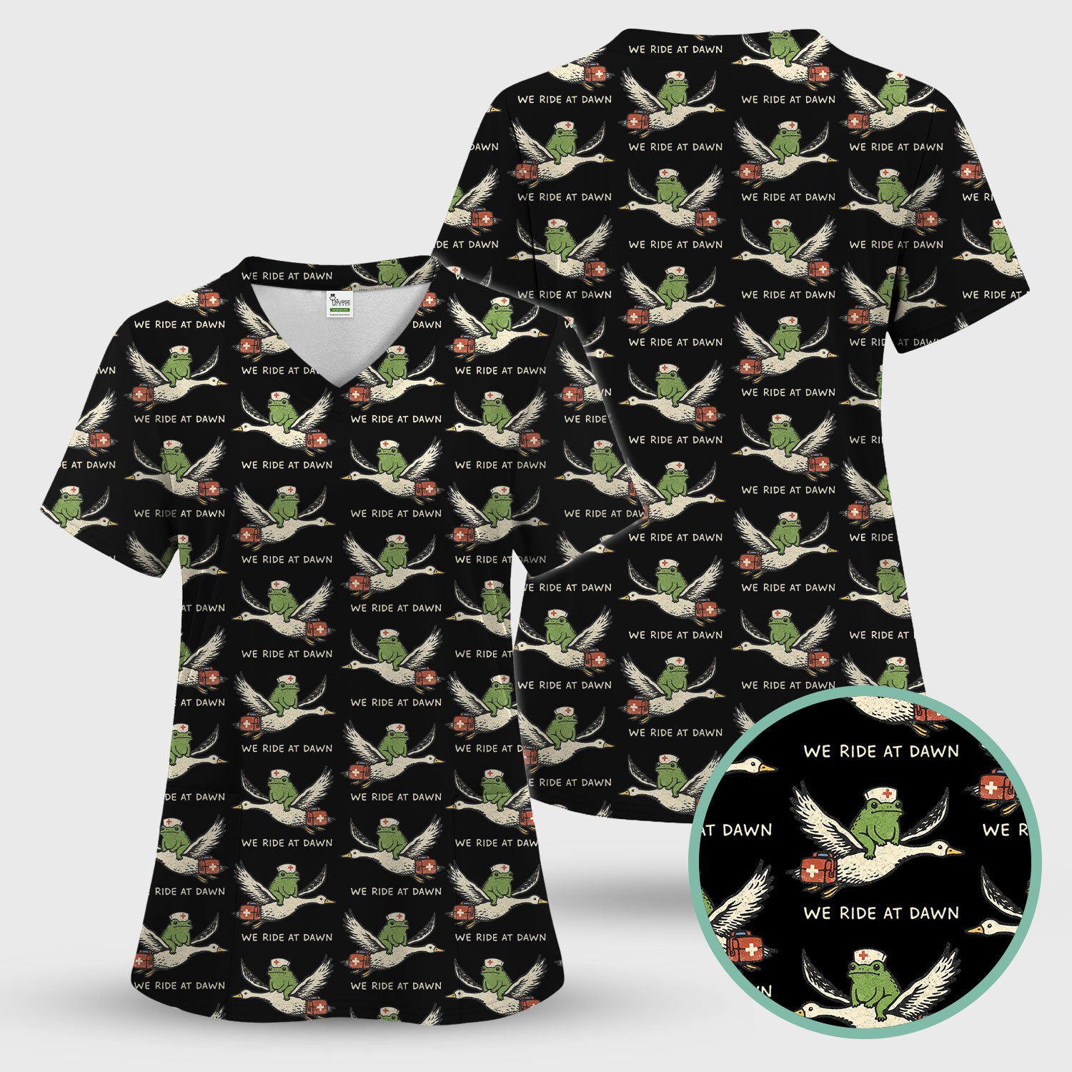Funny Frog Riding Goose Nurse Pattern Scrub Set, Nurse Uniform Scrubs Set