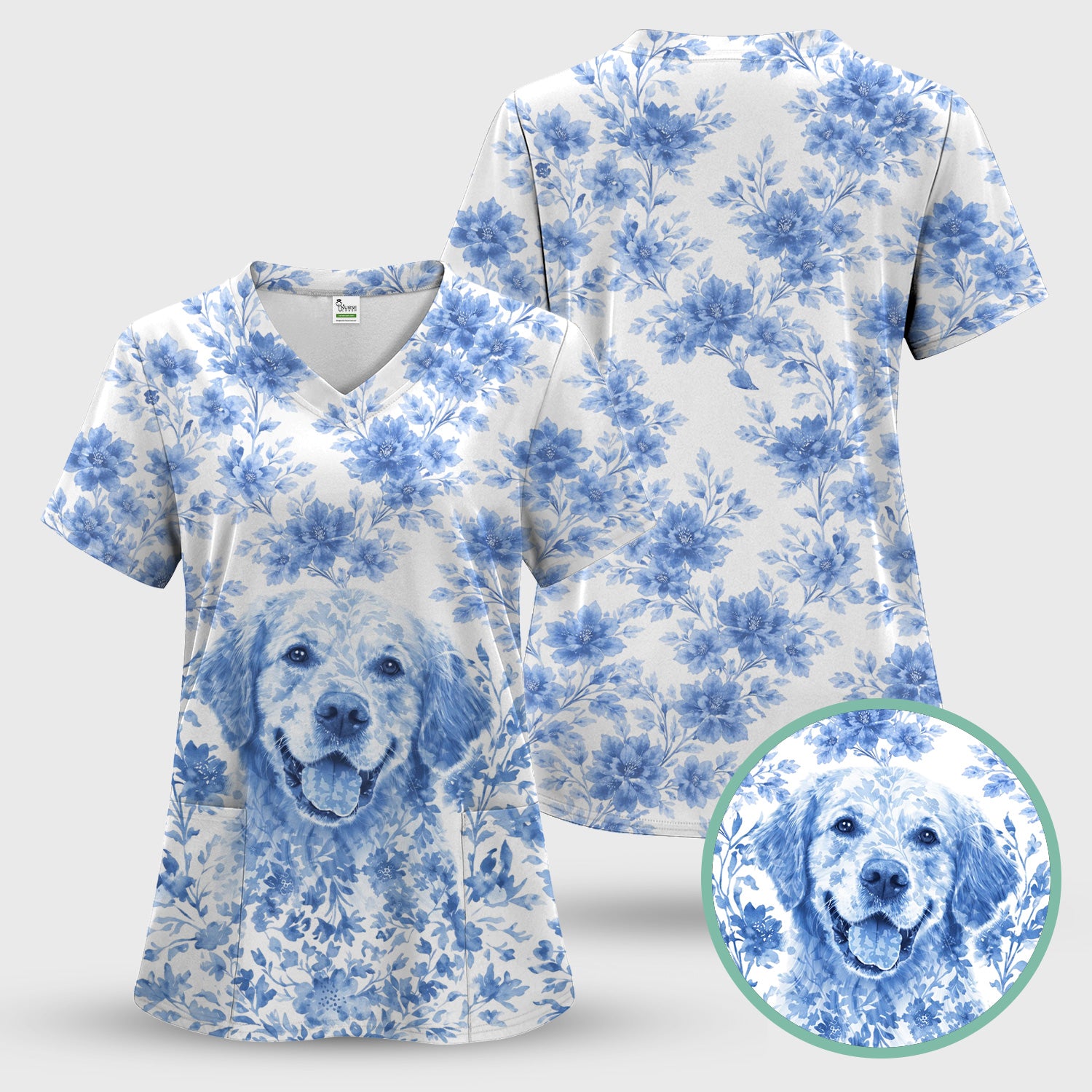 Personalized Pet Photo Floral Scrub Top, Breathable Fabrics Nursing Uniform