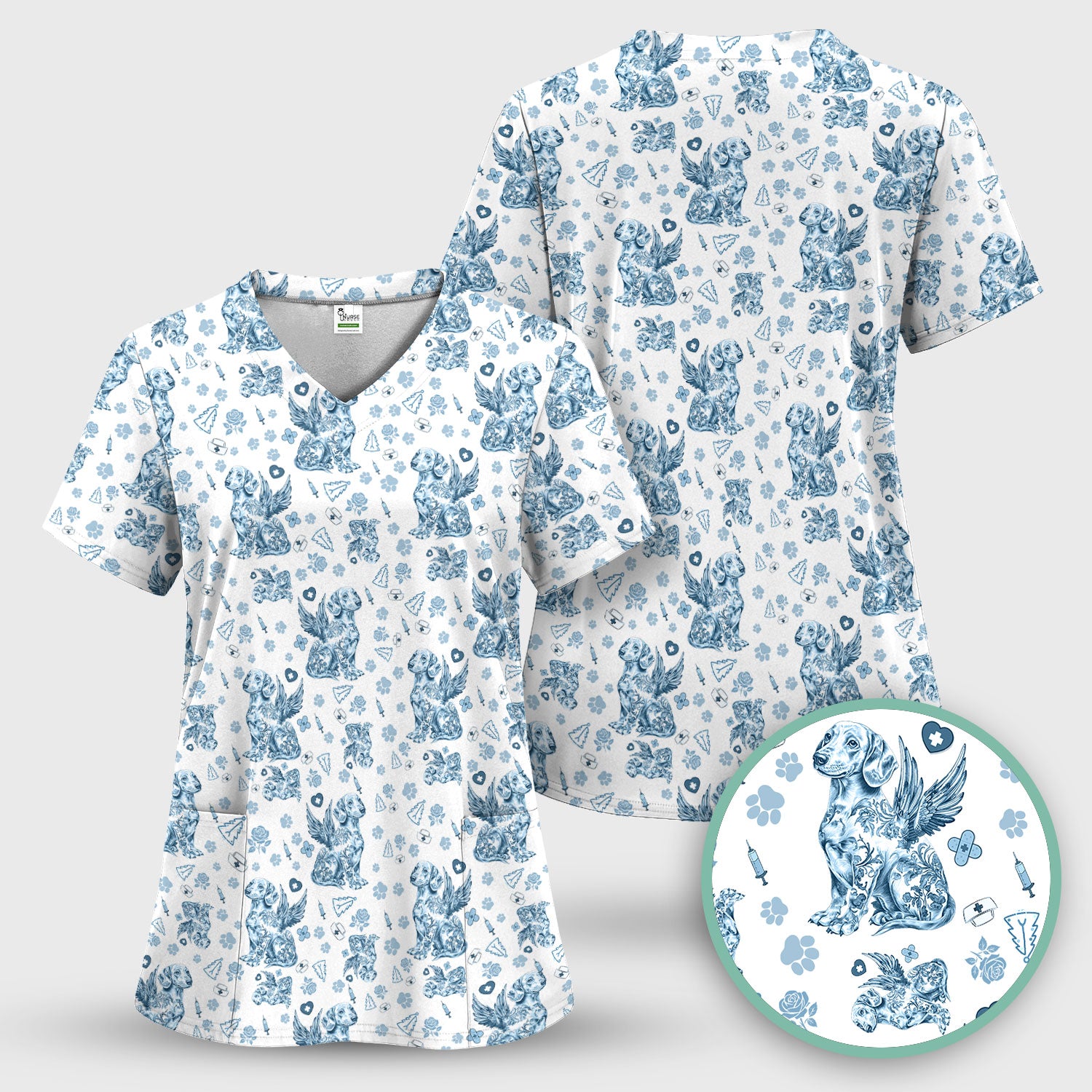 Toile de Jouy Dachshund Angel Scrub Top - Blue Vintage Dog Nurse Shirt - Memorial Christmas Gift