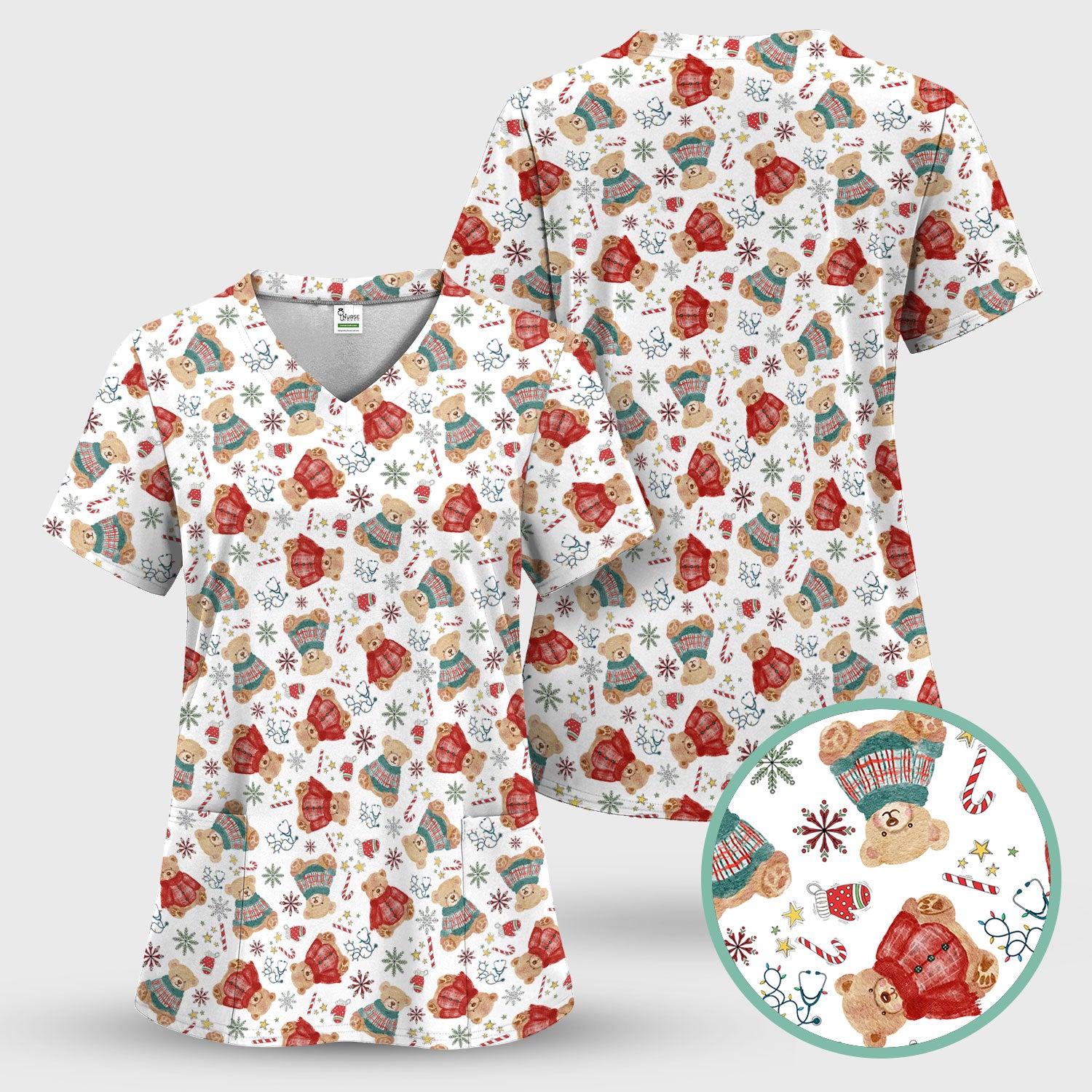 Funny Christmas Scrub Shirt - Cute Bear Winter Print Scrubs - Holiday Medical Scrub Top Gift for Women, Men, CNA RN, Doctor Nurse Christmas Outfit