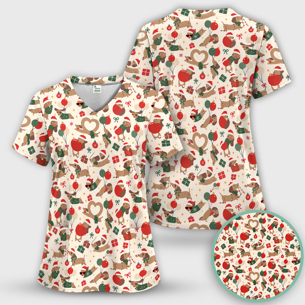 Cute Christmas Dachshund Pattern Scrub Top, Comfortable Scrubs for Nurses
