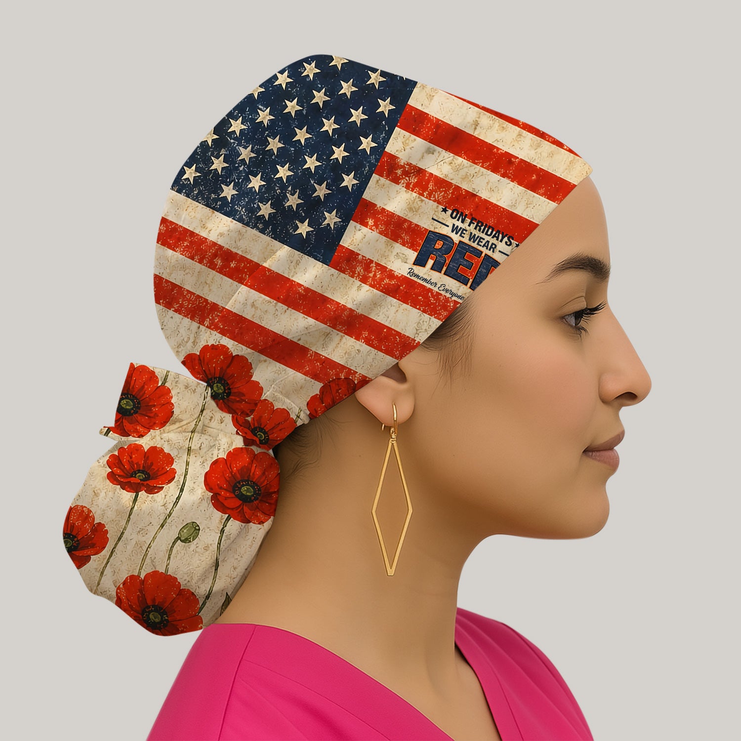 Patriotic American Flag Poppy Flower Pattern Nurse Scrub Cap, Surgical Caps for Doctors