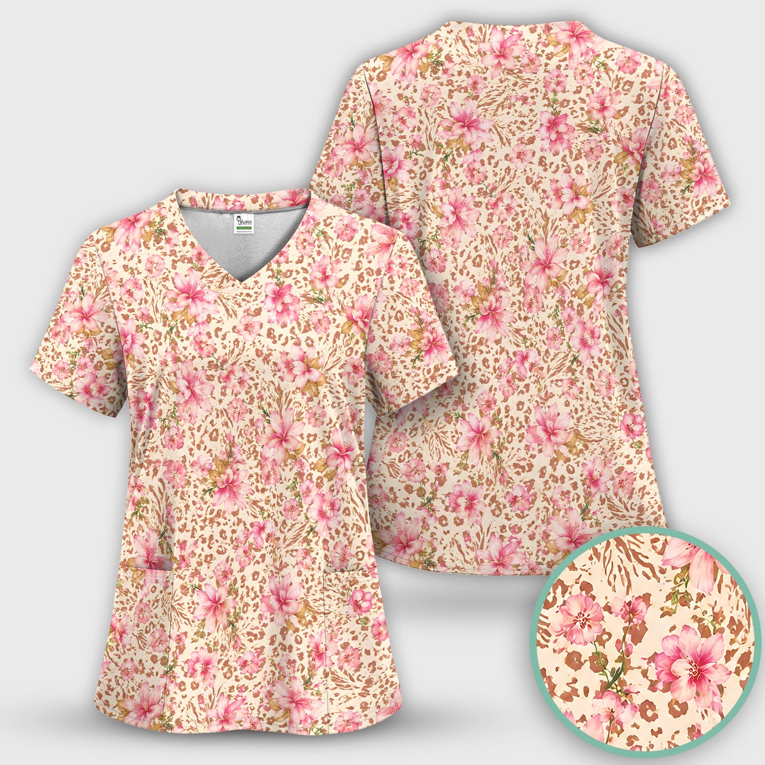 Pink Floral Leopard Print Pattern Scrub Set, Scrub Pants and V Neck Top