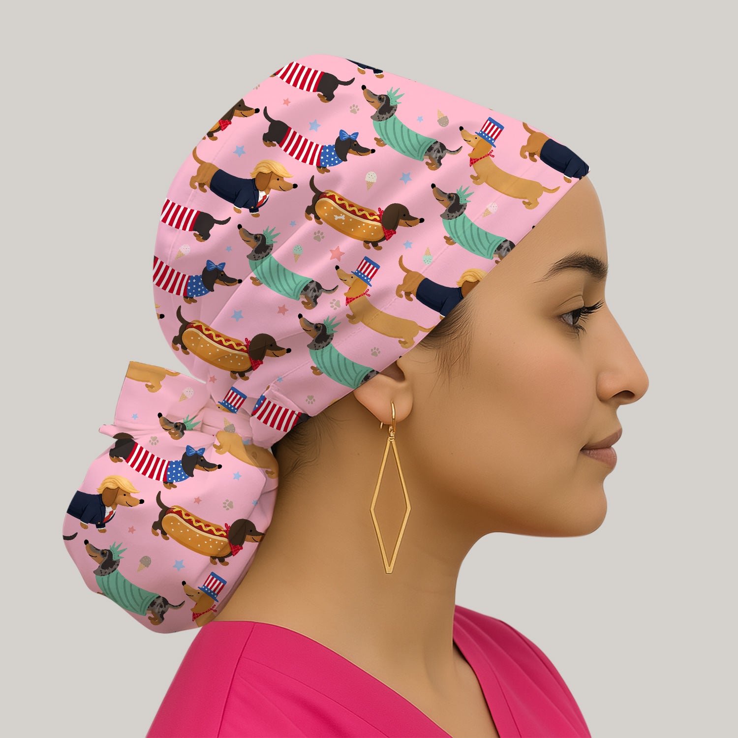 Funny Patriotic Dachshund Costume Dogs Pattern Cap, Bouffant Scrub Caps for Women