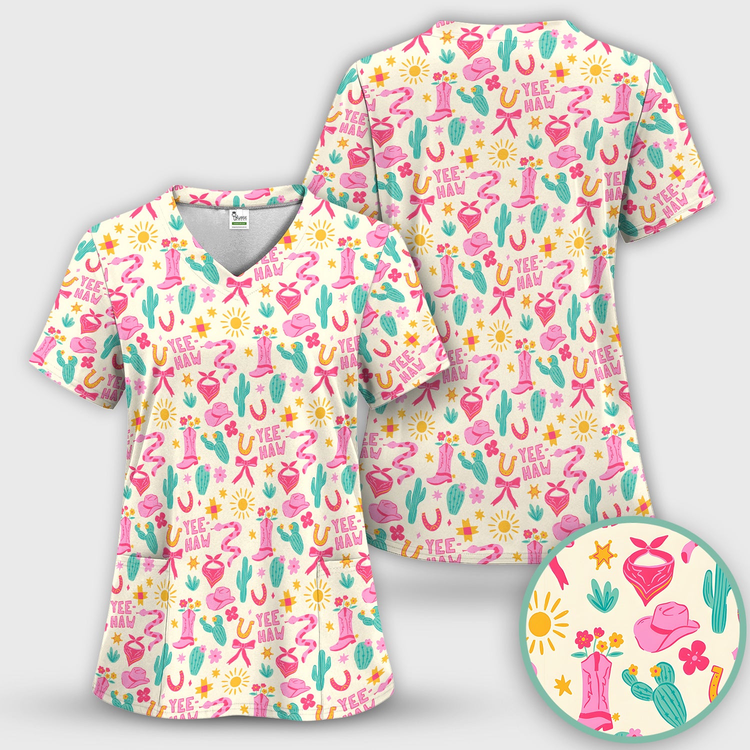 Pink Western Cowgirl Nurse Pattern Scrub Set, Scrub Pants and V Neck Top