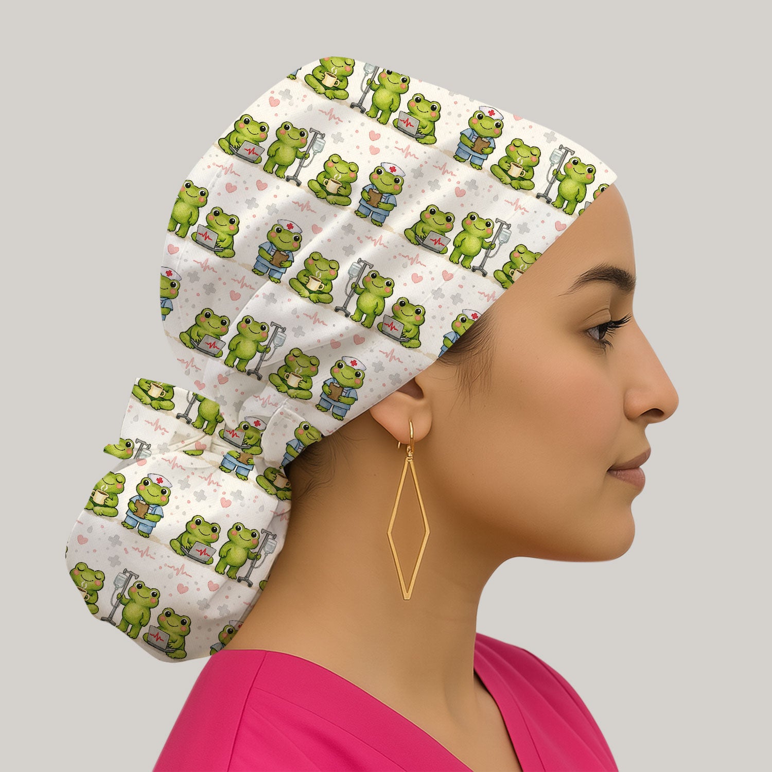 Adorable Frog Nurse Various Poses Print Bouffant Cap, Surgical Caps for Doctors