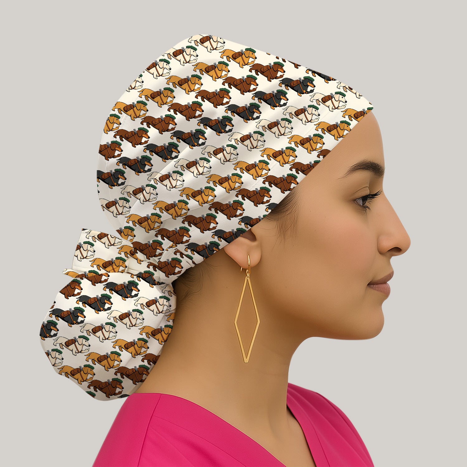 Cartoon Dachshund Dog Wearing Hat And Backpack Pattern Scrub Cap, Surgical Caps for Doctors