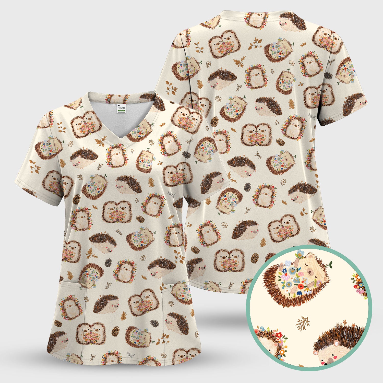 Cute Hedgehog Floral Scrub Set, Breathable Med Uniform