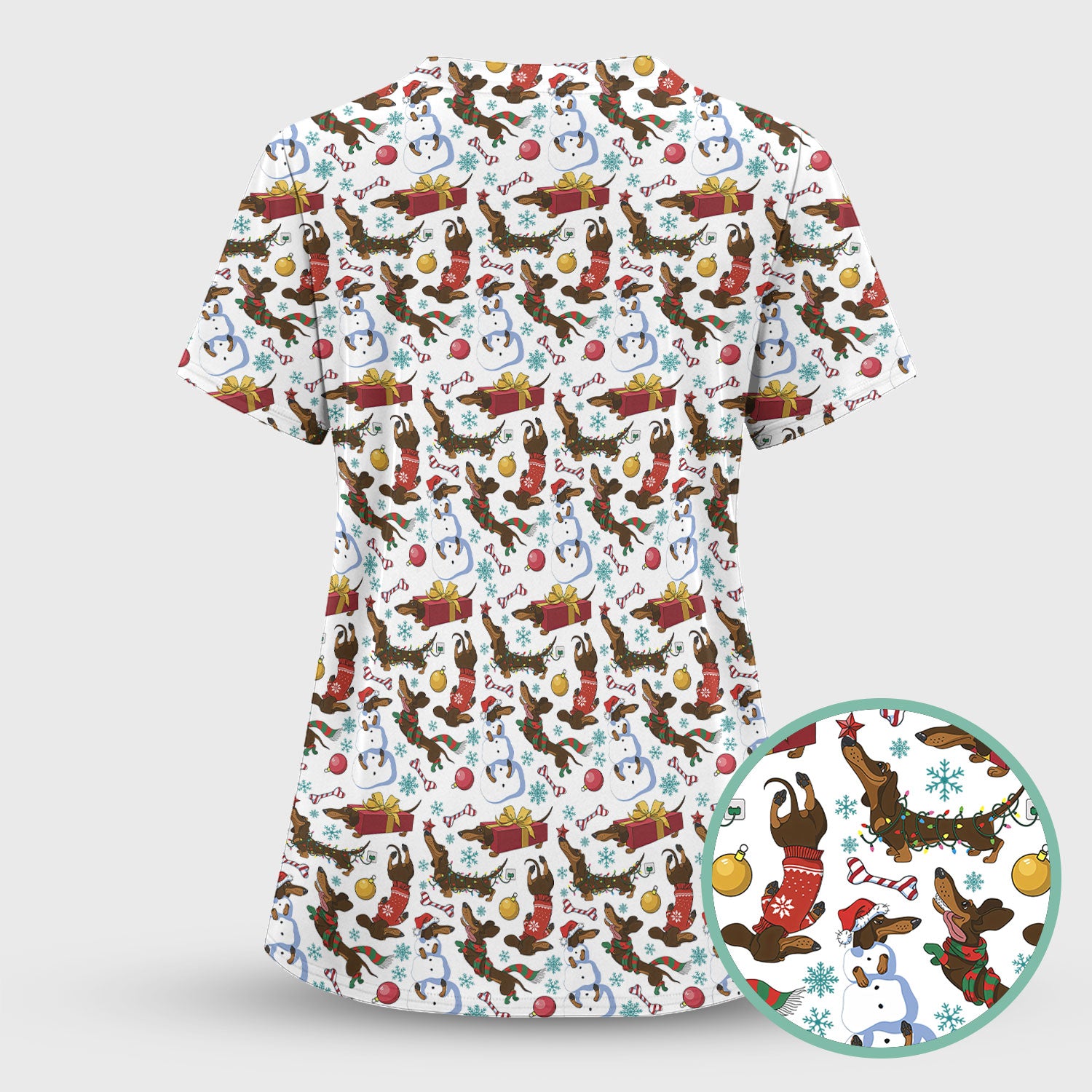 Funny Christmas Nurse Scrubs - Dachshund Dog & Snowman Print Top - Multi Color Custom Nursing Shirt Gift for Healthcare Workers