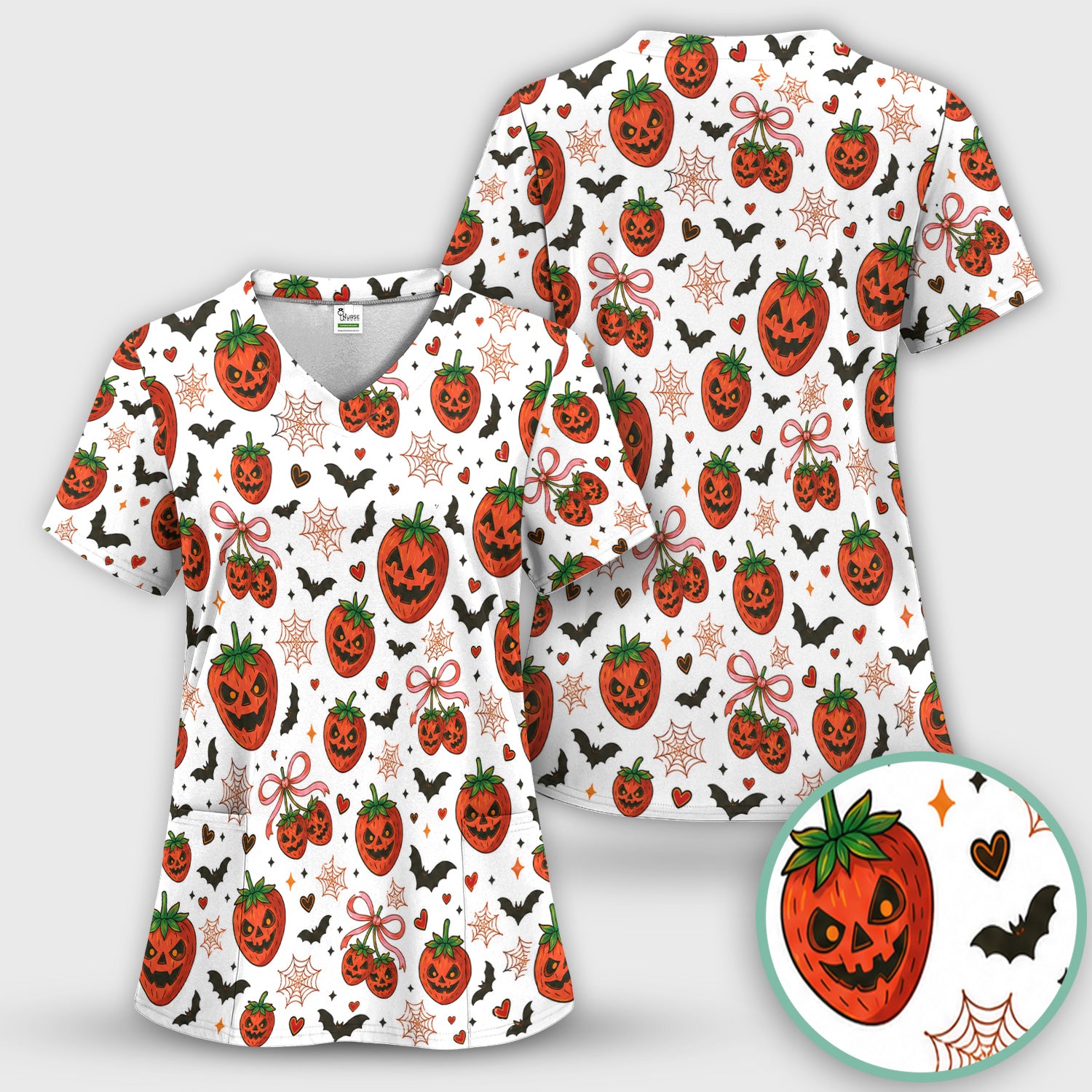 Sweet Halloween Strawberry Jack O Lanterns Scrub Set, Scrub Pants and V Neck Top
