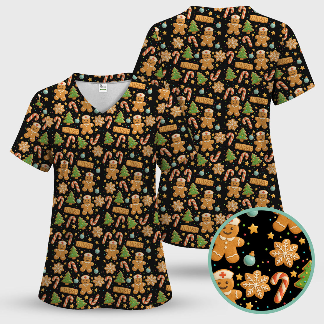Gingerbread Scrubs Christmas Edition - Cute Cookie Pattern Medical Scrub Top for Women - Holiday Christmas Scrubs with Fun Festive Print