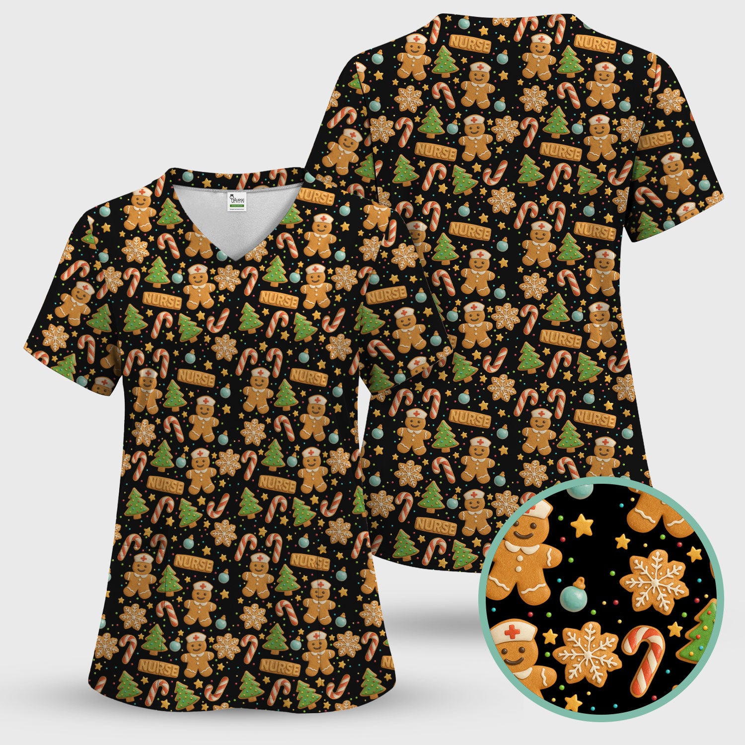 Gingerbread Scrubs Christmas Edition - Cute Cookie Pattern Medical Scrub Top for Women - Holiday Christmas Scrubs with Fun Festive Print