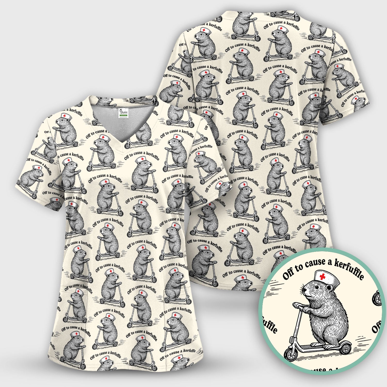 Funny Nurse Mouse Scooter Print Scrub Top, Comfortable Scrubs for Nurses