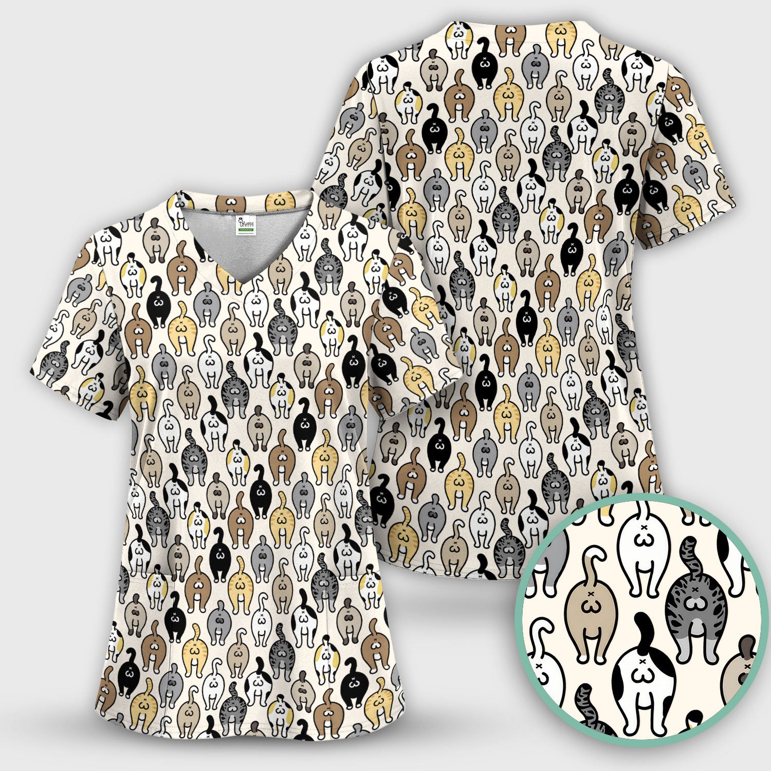 Cat Lover Nurse Scrub Top, Funny Cat Butt Pattern Medical Shirt, Breathable Fabrics Nursing Uniform