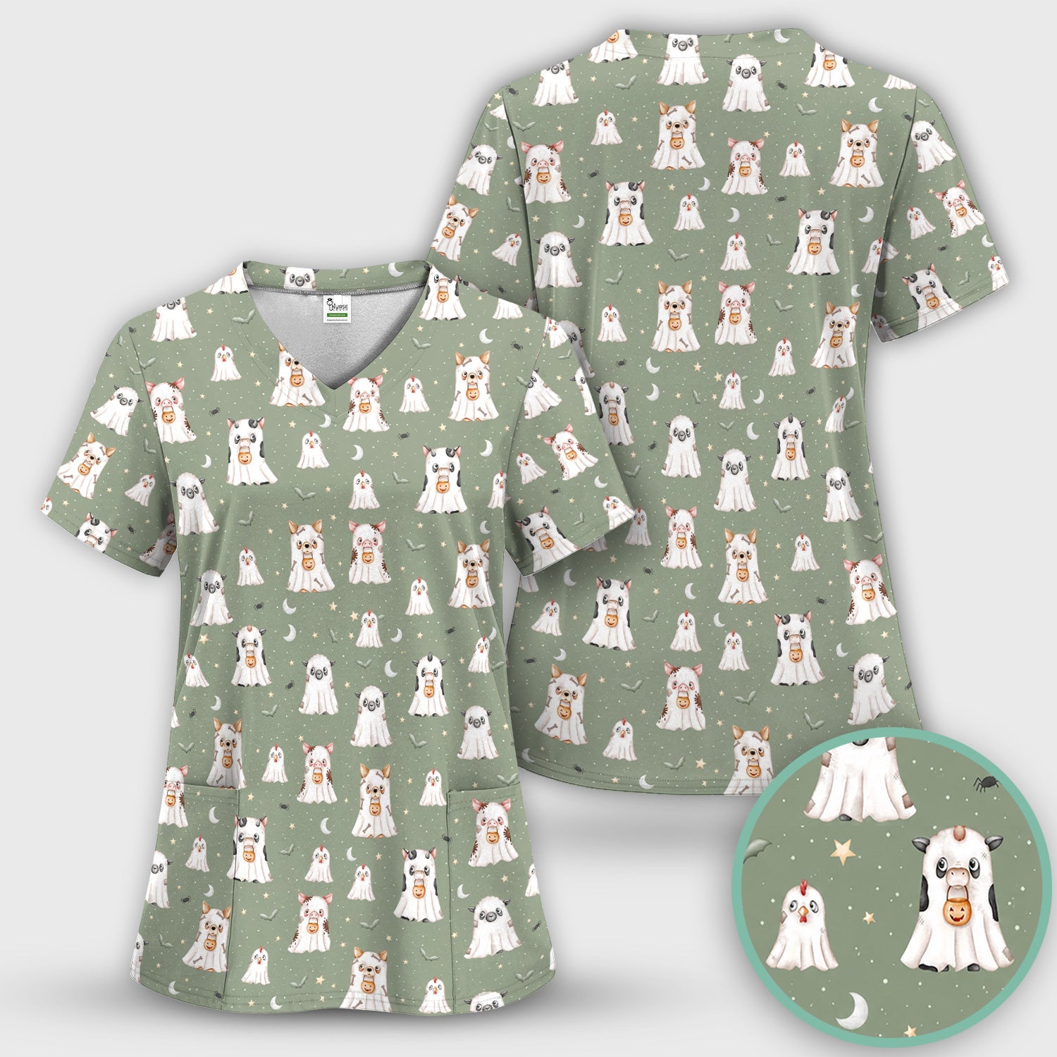 Spooky Farm Animal Ghost Scrub Set, Scrub Pants and V Neck Top