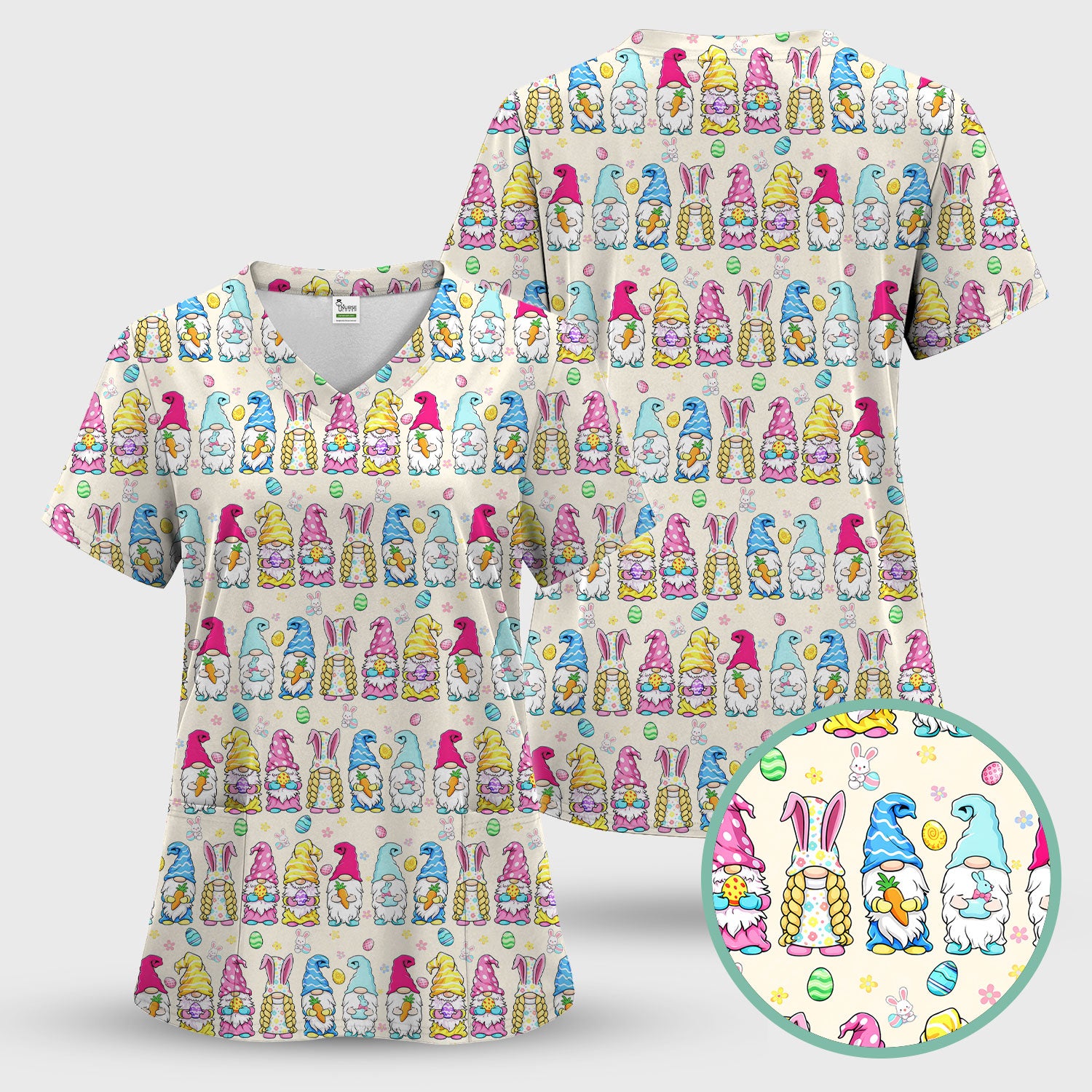 Colorful Easter Gnome Bunny Eggs Print Scrub Top, Comfortable Scrubs for Nurses