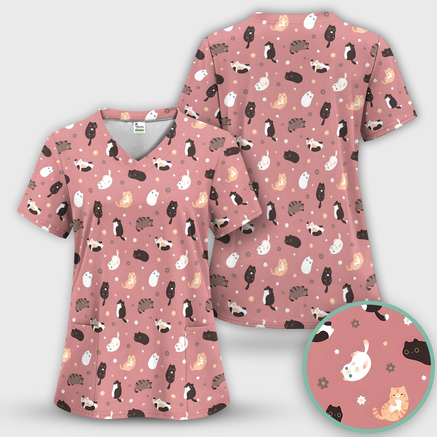 Adorable Kitty Nurse Pattern Scrub Top, Comfortable Scrubs for Nurses