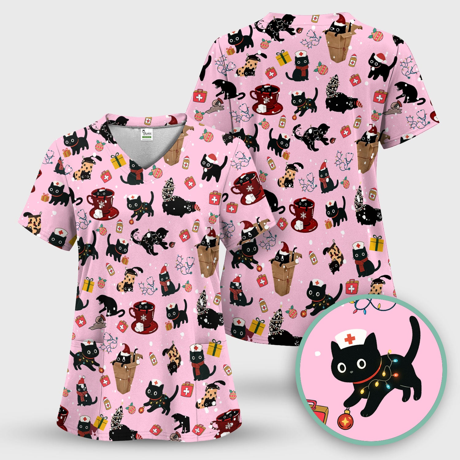 Christmas Cat Scrub Top for Nurse - Funny Black Cats Shirt - Cute Holiday Medical Uniform for Women
