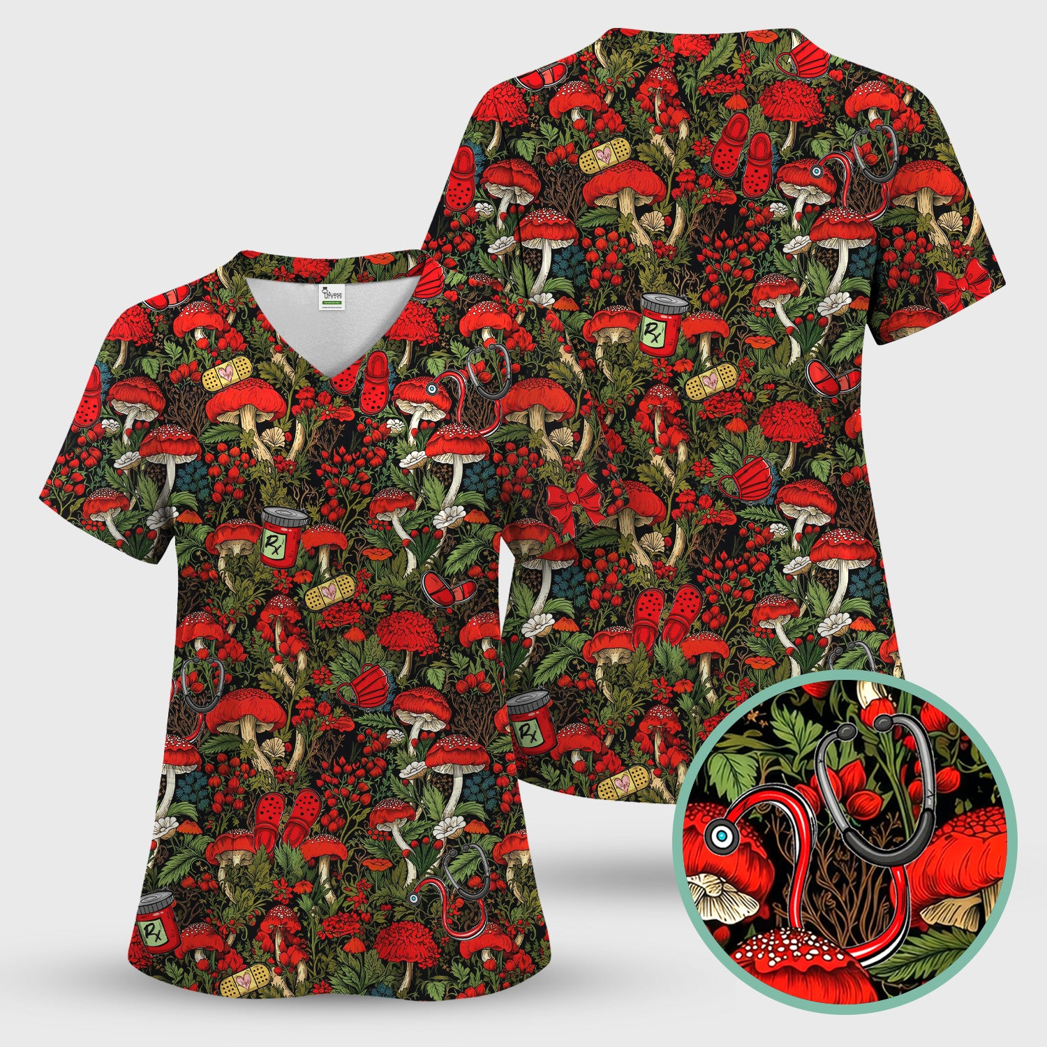 Red Mushroom Medical Forest Pattern Scrub Top, Comfortable Scrubs for Nurses