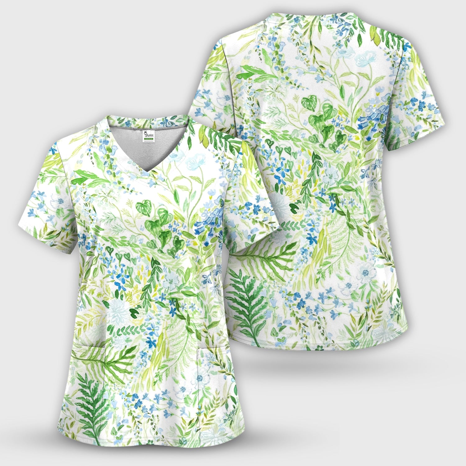 Green Botanical Floral Pattern Scrub Set, Scrub Pants and V Neck Top