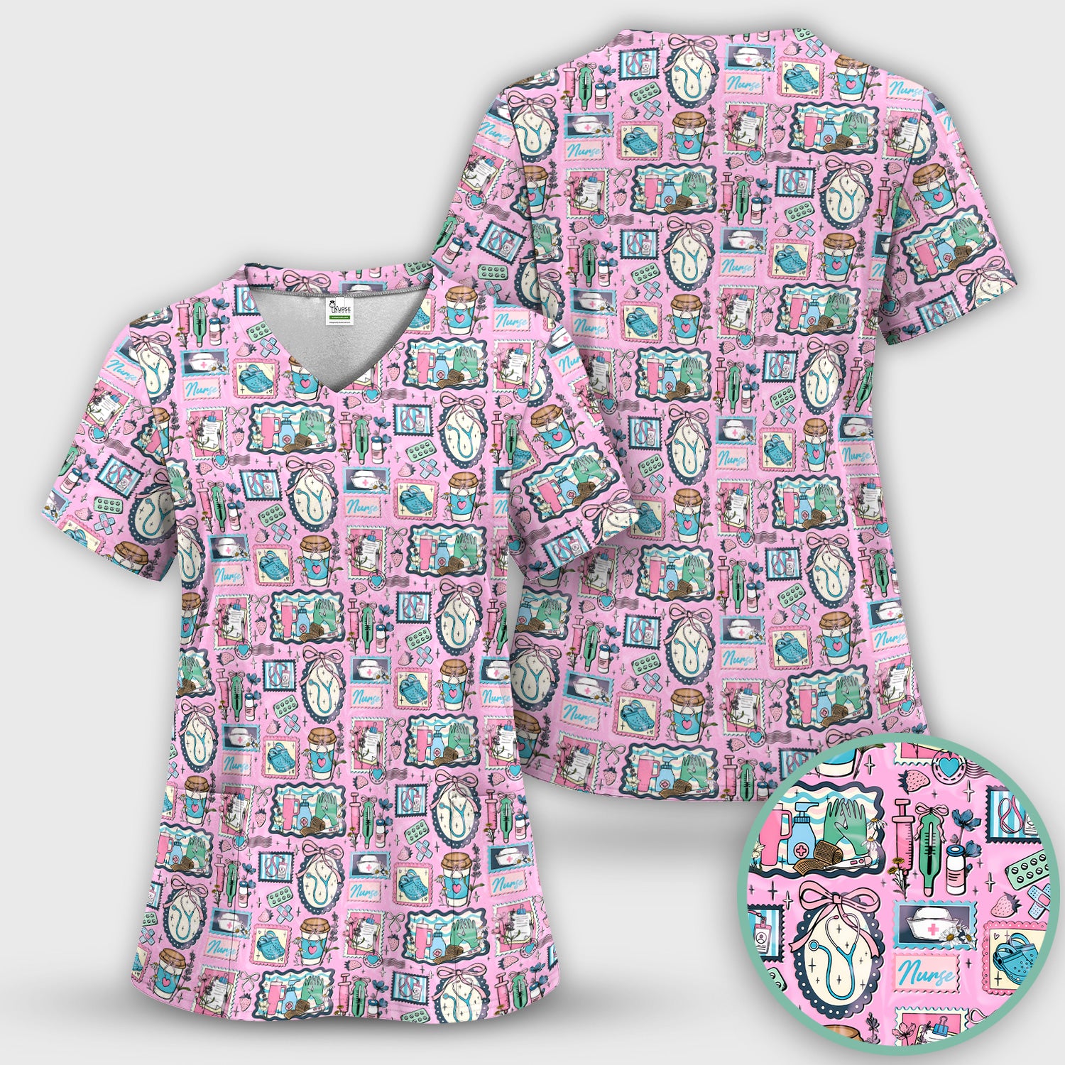 Medical Tools Stethoscope Syringe Frame Scrub Top, Breathable Fabrics Nursing Uniform