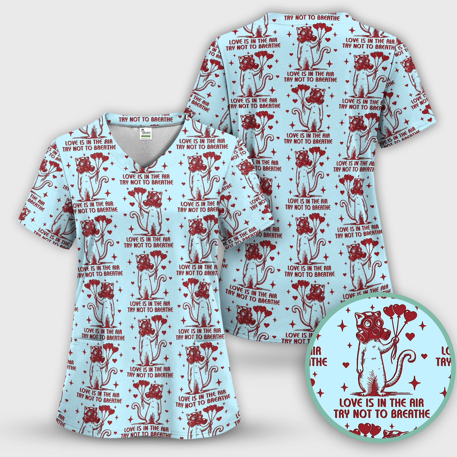 Gas Mask Cat Heart Balloon Valentine Print Scrub Top, Comfortable Scrubs for Nurses