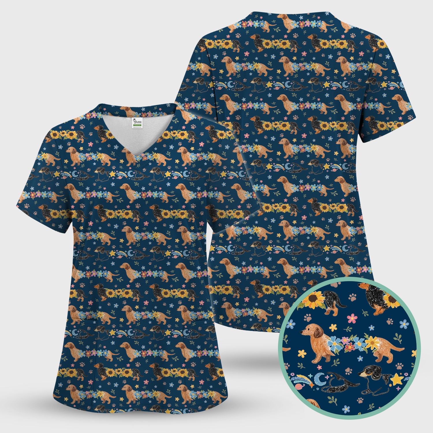 Floral Wiener Dog Pattern Scrub Set, Scrub Pants and V Neck Top