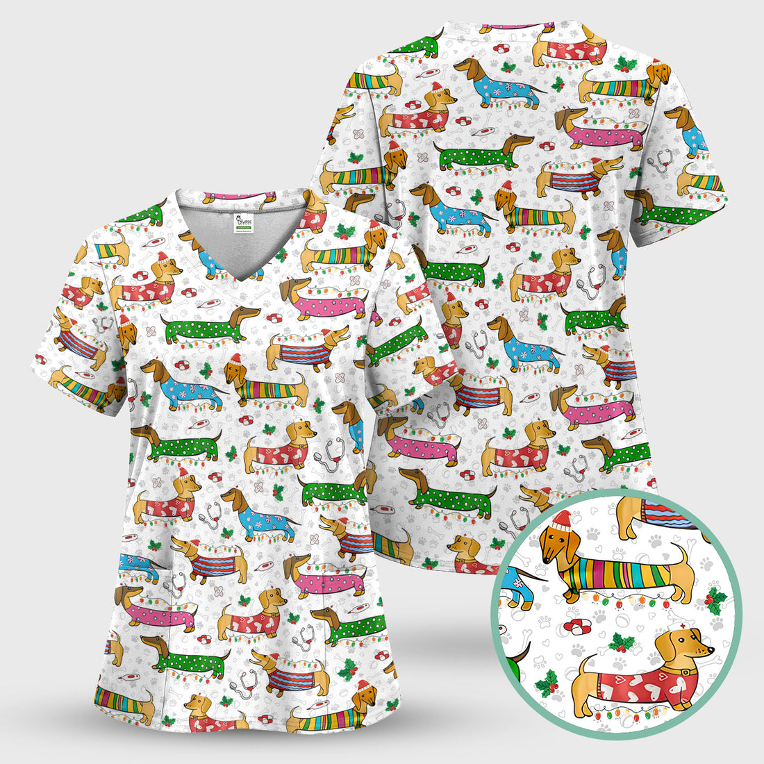 Christmas Scrub Top for Women - Funny Dachshund Nurse Shirt - Cute Holiday Medical Uniform Gift for RN LPN CNA