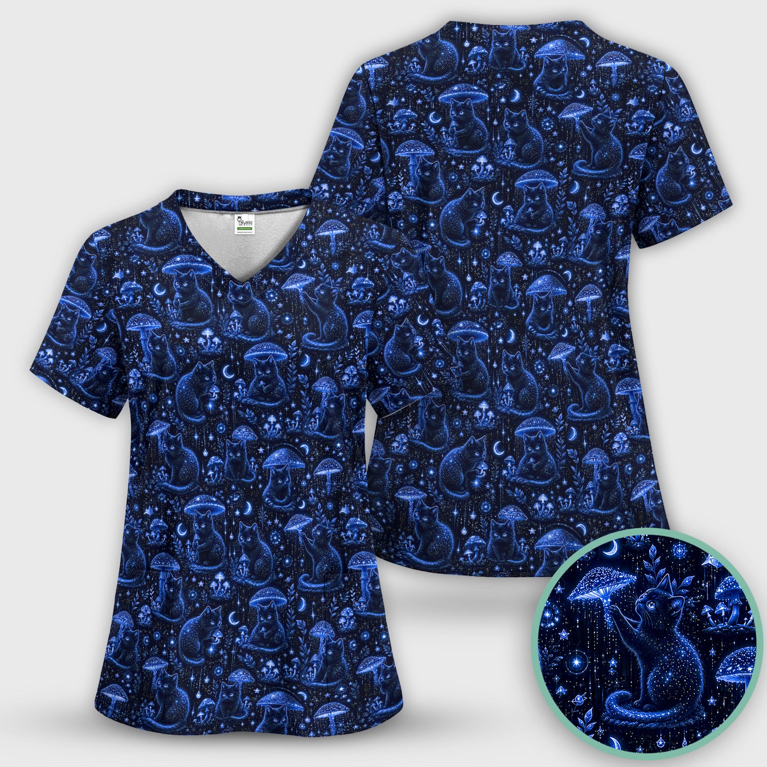 Celestial Black Cat Mushroom Pattern Scrub Top, Comfortable Scrubs for Nurses