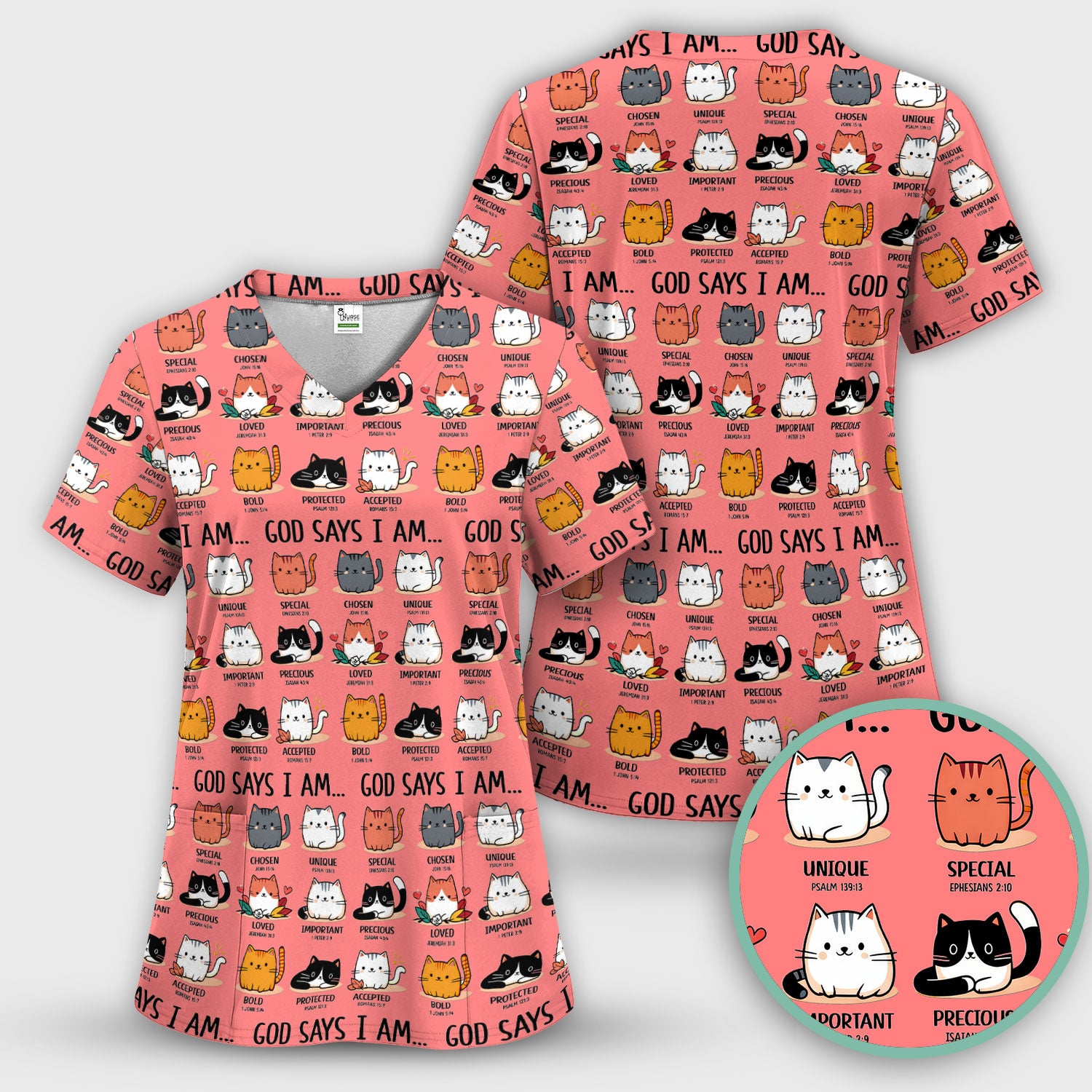 Cute Christian Cat God Says I Am Scrub Top, Comfortable Scrubs for Nurses