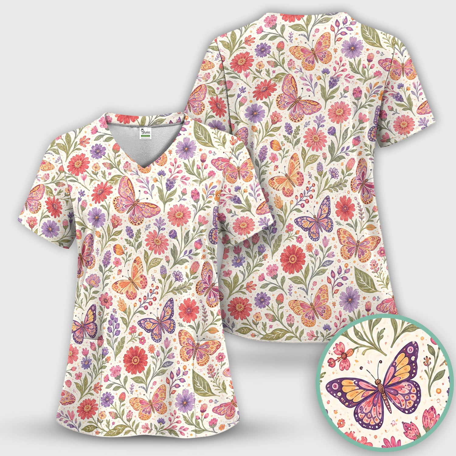 Floral Butterfly Pediatric Nurse Pattern Scrub Set, Scrub Pants and V Neck Top