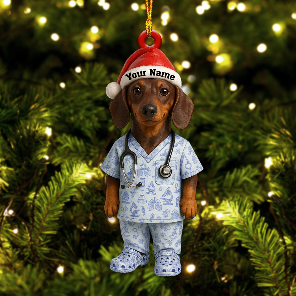 Personalized Dachshund Nurse Ornament – Custom Name Medical Scrub Dog Decor, Toile De Jouy Vet Tech Christmas Gift