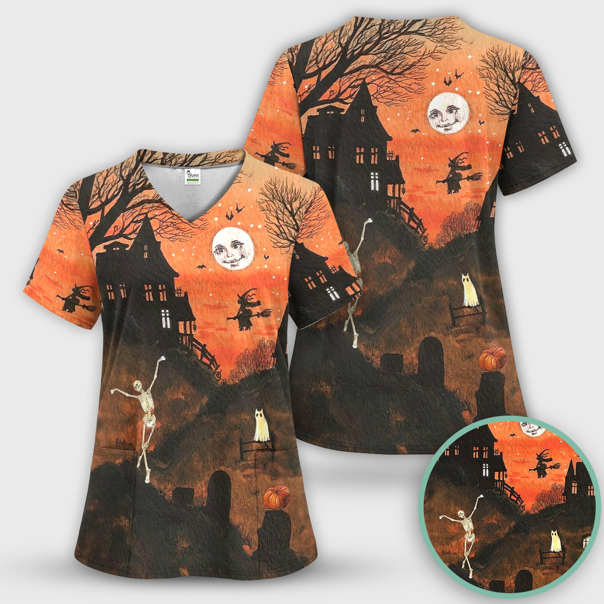 Halloween Haunted House Pattern Scrub Set, Scrub Pants and V Neck Top