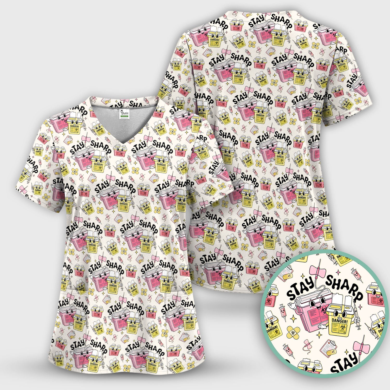 Stay Sharp Nurse Scrub Set, Cute Medical Pattern Scrubs, Breathable Fabrics Nursing Uniform