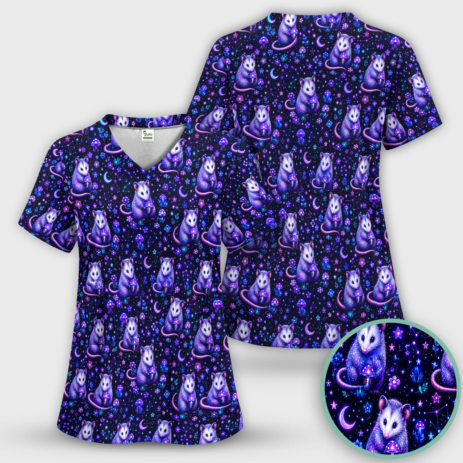 Neon Opossum Mushroom Galaxy Pattern Scrub Top, Comfortable Scrubs for Nurses