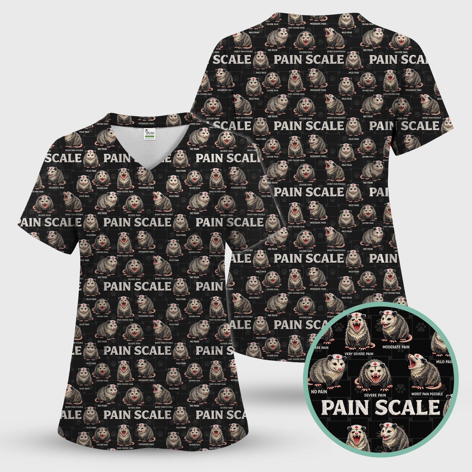 Edgy Possum Pain Scale Nurse Pattern Scrub Top, Comfortable Scrubs For Nurses