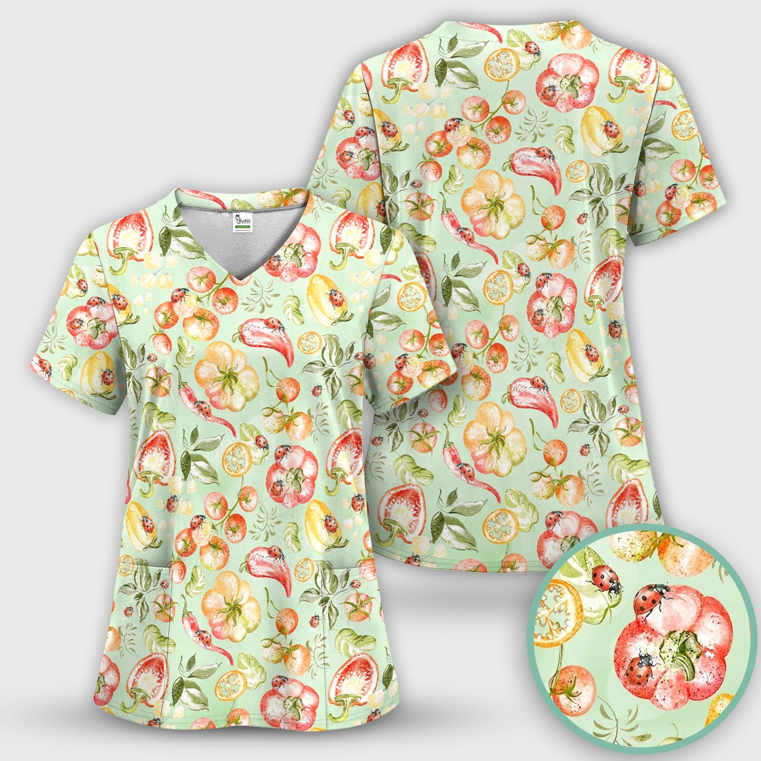 Cute Watercolor Veggie Ladybug Pattern Scrub Top, Comfortable Scrubs for Nurses