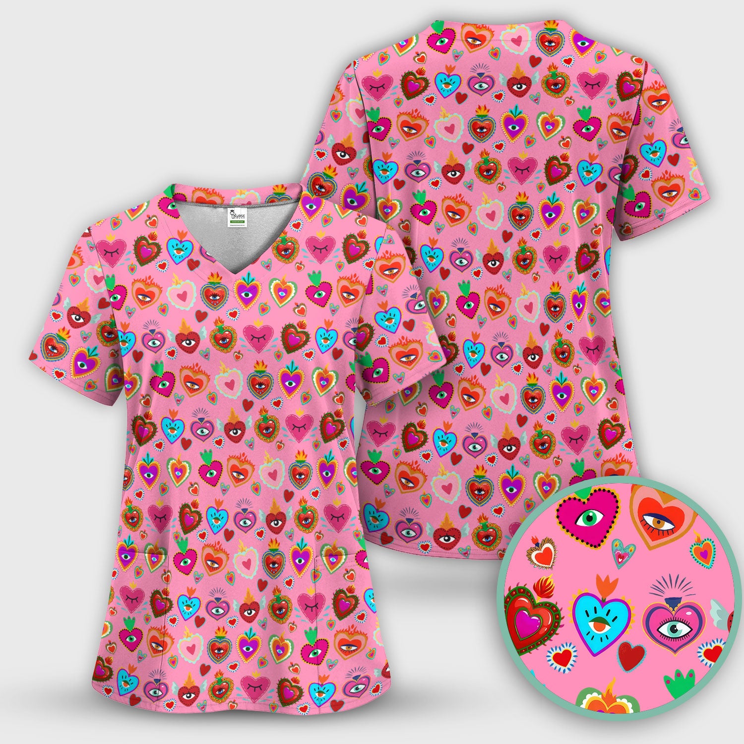 Valentine Colorful Sacred Heart Print Medical Scrub Top, Comfortable Scrubs for Nurses