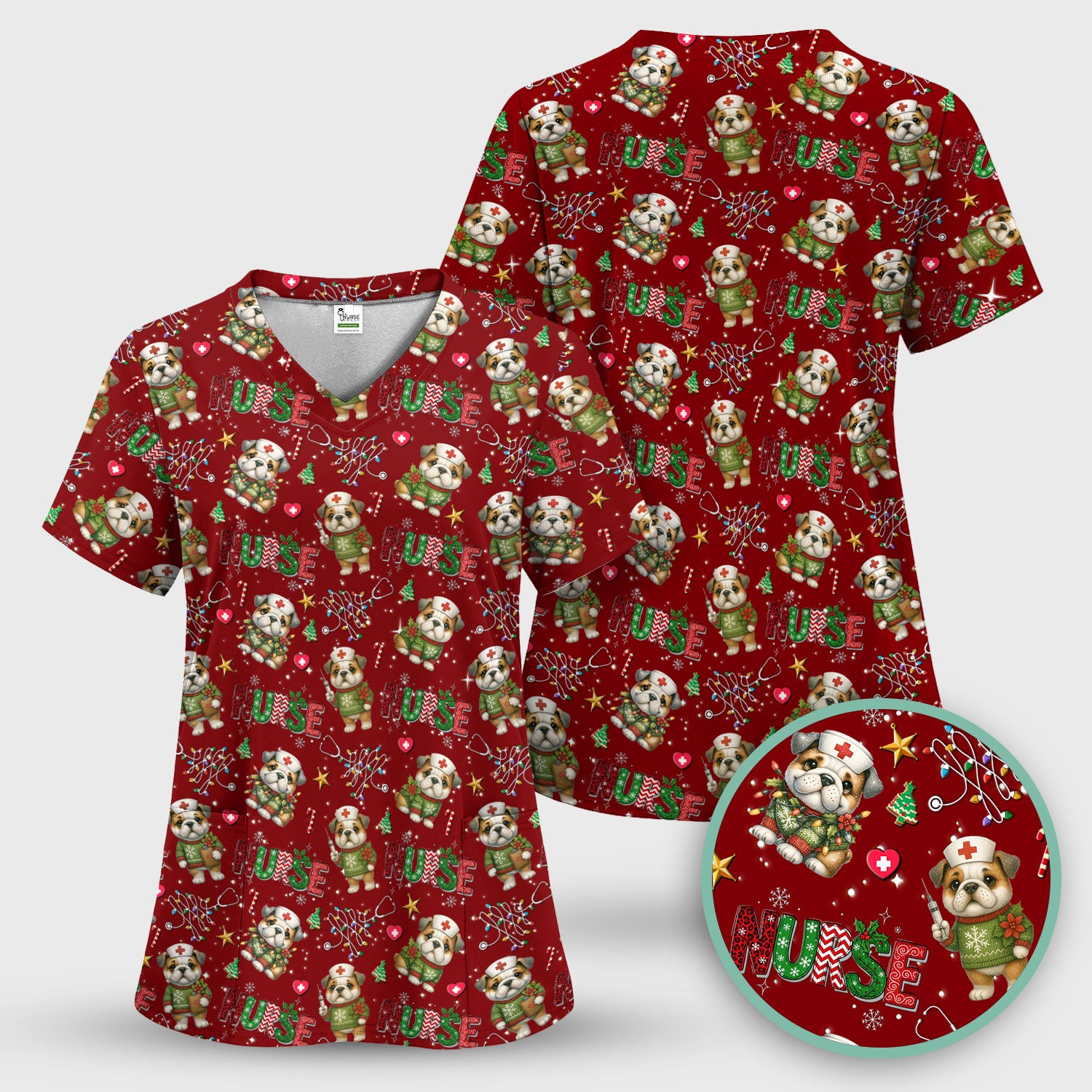 Bulldog Christmas Nurse Scrub Top - Funny Dog Scrub Shirt - Cute Holiday Medical Uniform for Women RN LPN CNA Gift