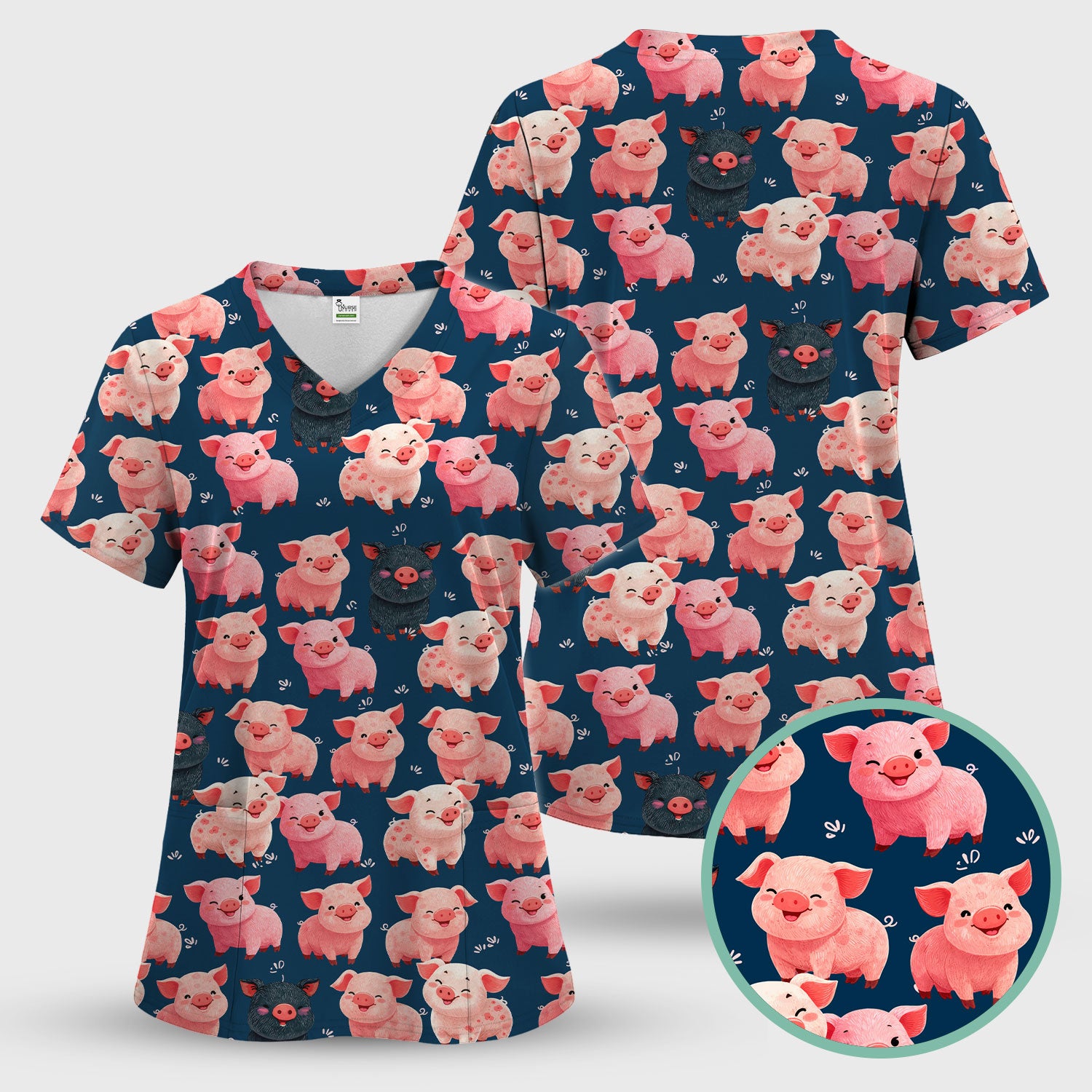 Funny Farm Pig Cartoon Pattern Scrub Set, Nurse Uniform Scrubs Set