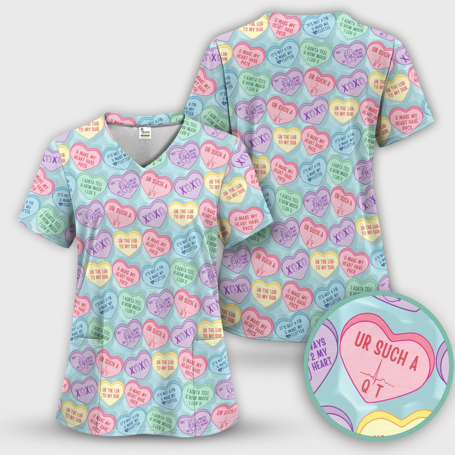 Medical Candy Heart Valentine Pattern Scrub Top, Fun Medical Pattern, Comfortable Scrubs for Nurses